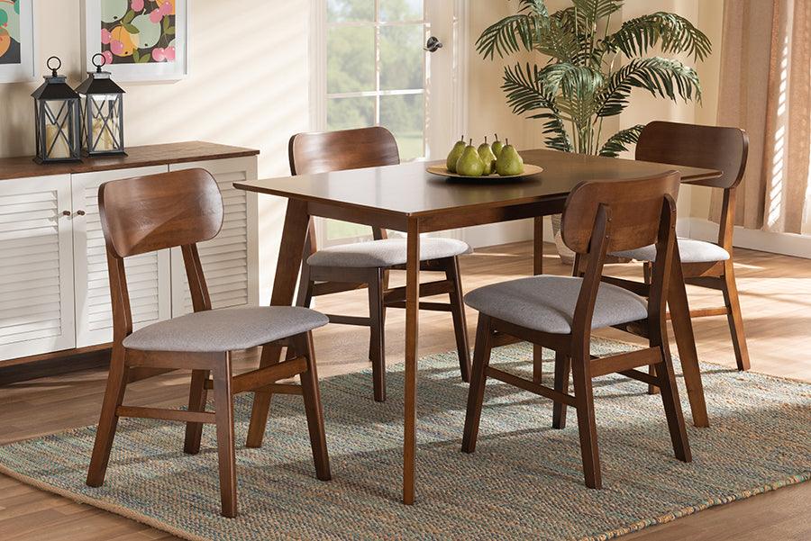 Wholesale Interiors Dining Sets - Euclid Mid-Century Modern Grey Fabric and Walnut Brown Wood 5-Piece Dining Set