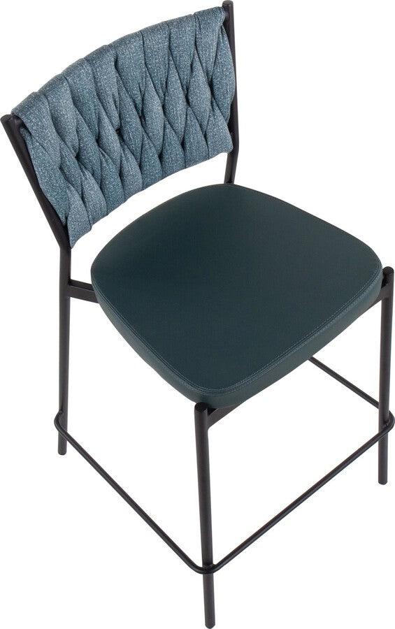 Lumisource Barstools - Braided Tania Counter Stool In Black Metal, Green Faux Leather, & Sea Green Fabric (Set of 2)