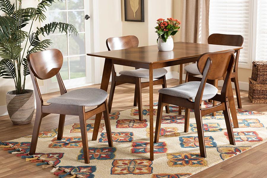 Wholesale Interiors Dining Sets - Katya Mid-Century Modern Grey Fabric and Brown Finished Wood 5-Piece Dining Set