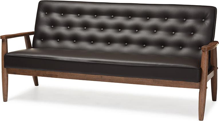 Wholesale Interiors Sofas & Couches - Sorrento Mid-century Retro Modern Brown Faux Leather Upholstered Wooden 3-seater Sofa Dark Brown