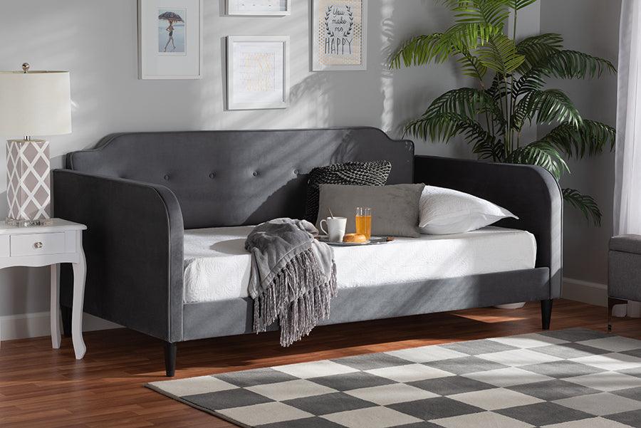 Wholesale Interiors Daybeds - Kaya Modern and Contemporary Grey Velvet Fabric and Dark Brown Finished Wood Twin Size Daybed