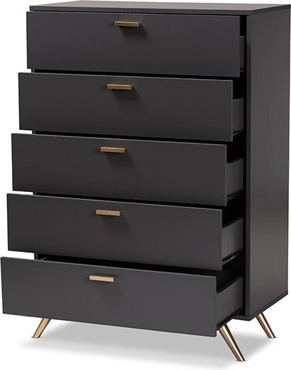 Wholesale Interiors Chest of Drawers - Kelson Dark Grey and Gold Finished Wood 5-Drawer Chest