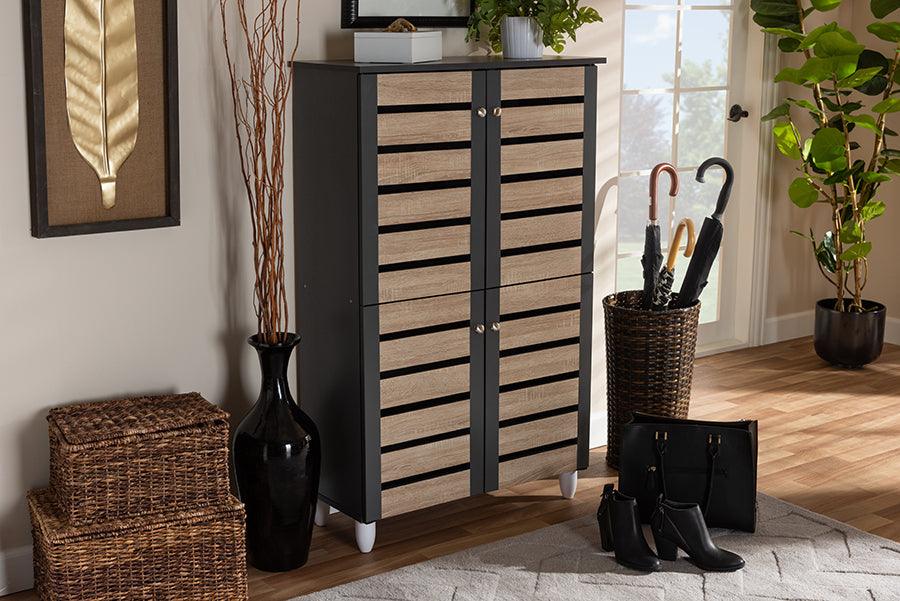 Wholesale Interiors Shoe Storage - Gisela Modern and Contemporary Two-Tone Oak and Dark Gray 4-Door Shoe Storage Cabinet
