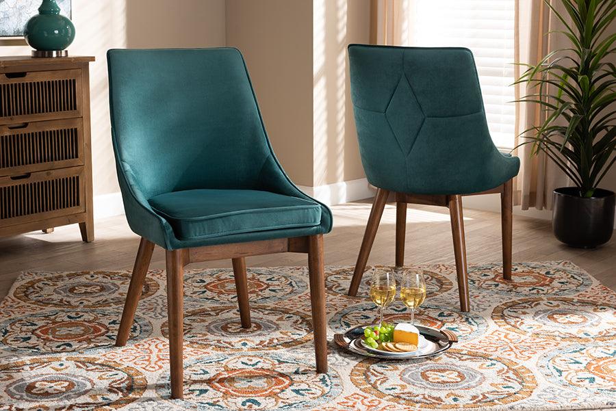 Wholesale Interiors Dining Chairs - Gilmore Contemporary Teal Velvet Brown Finished Wood 2-Piece Dining Chair Set