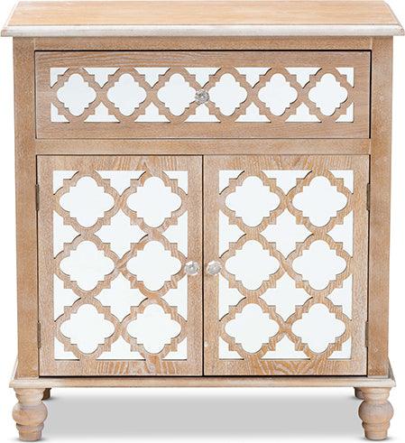 Wholesale Interiors Buffets & Cabinets - Leah Glam Farmhouse Rustic Oak Brown Mirrored 1-Drawer Quatrefoil Storage Cabinet