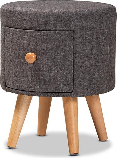 Wholesale Interiors Ottomans & Stools - Rocco Modern Transitional Dark Grey Fabric and Brown Wood 1-Drawer Ottoman Stool