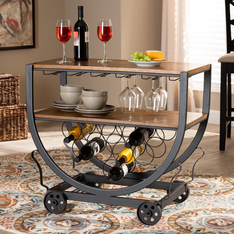 Wholesale Interiors Bar Units & Wine Cabinets - Triesta Antiqued Vintage Industrial Metal And Wood Wheeled Wine Rack Cart
