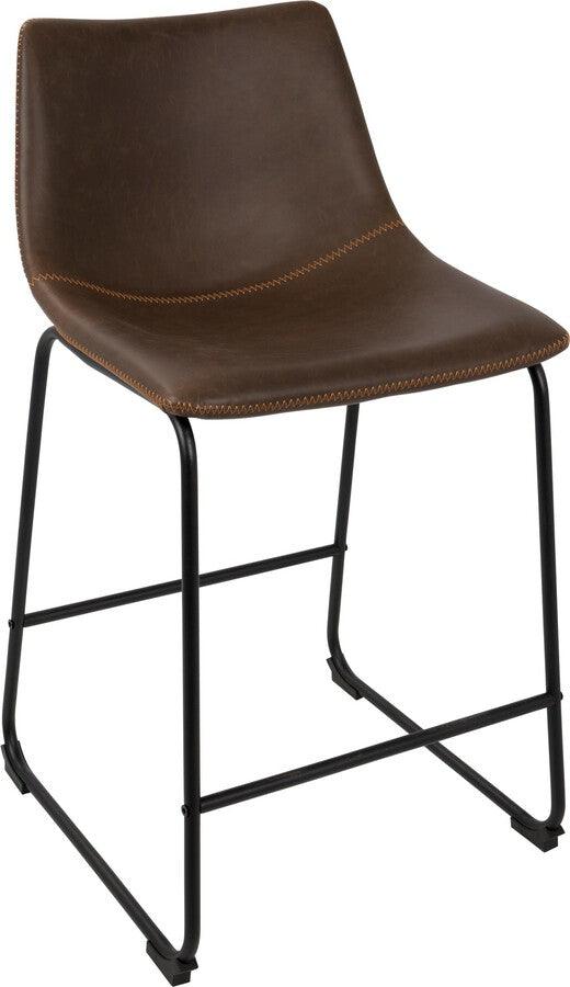 Lumisource Barstools - Duke 26" Industrial Counter Stool in Black with Espresso Faux Leather and Orange Stitching - Set of