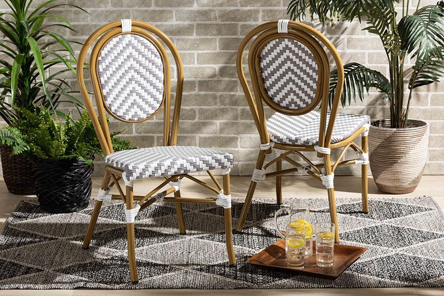 Wholesale Interiors Outdoor Dining Chairs - Alaire Indoor and Outdoor Grey and White Bamboo Style Stackable 2-Piece Bistro Dining Chair Set