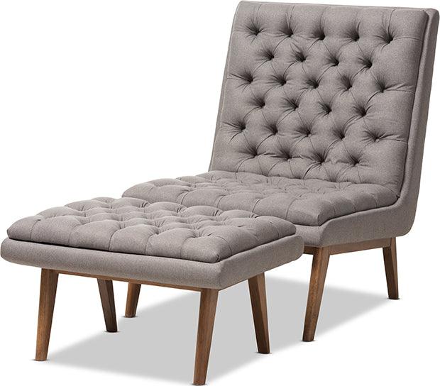 Wholesale Interiors Living Room Sets - Annetha Mid-Century Modern Grey Fabric Walnut Wood Chair And Ottoman Set