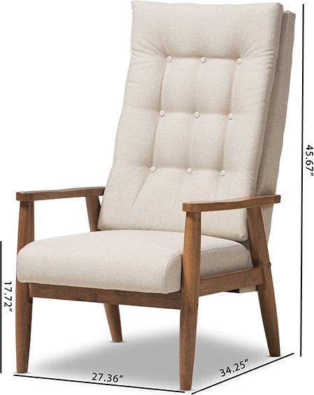 Wholesale Interiors Accent Chairs - Roxy Mid-Century Modern Brown Wood and Beige Fabric Button-Tufted High-Back Chair
