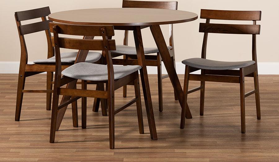 Wholesale Interiors Dining Sets - Eiko Light Grey Fabric Upholstered and Walnut Brown Finished Wood 5-Piece Dining Set