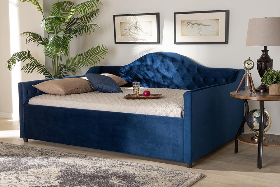 Wholesale Interiors Daybeds - Perry Royal Blue Velvet Fabric Upholstered And Button Tufted Queen Size Daybed