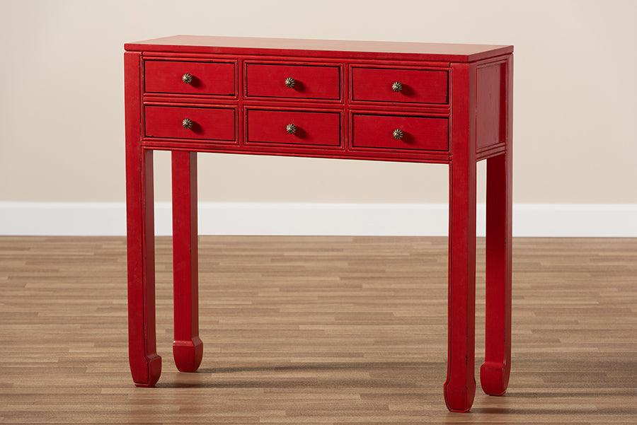 Wholesale Interiors Consoles - Pomme Antique Red Finished Wood Bronze Finished Accents 6-Drawer Console Table