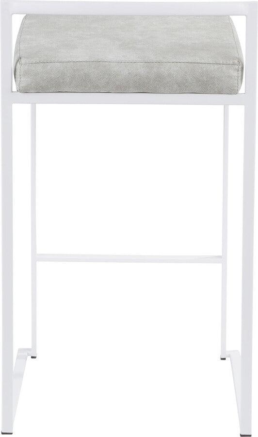 Lumisource Barstools - Fuji Stackable Counter Stool in White with Light Grey Cowboy Fabric Cushion - Set of 2