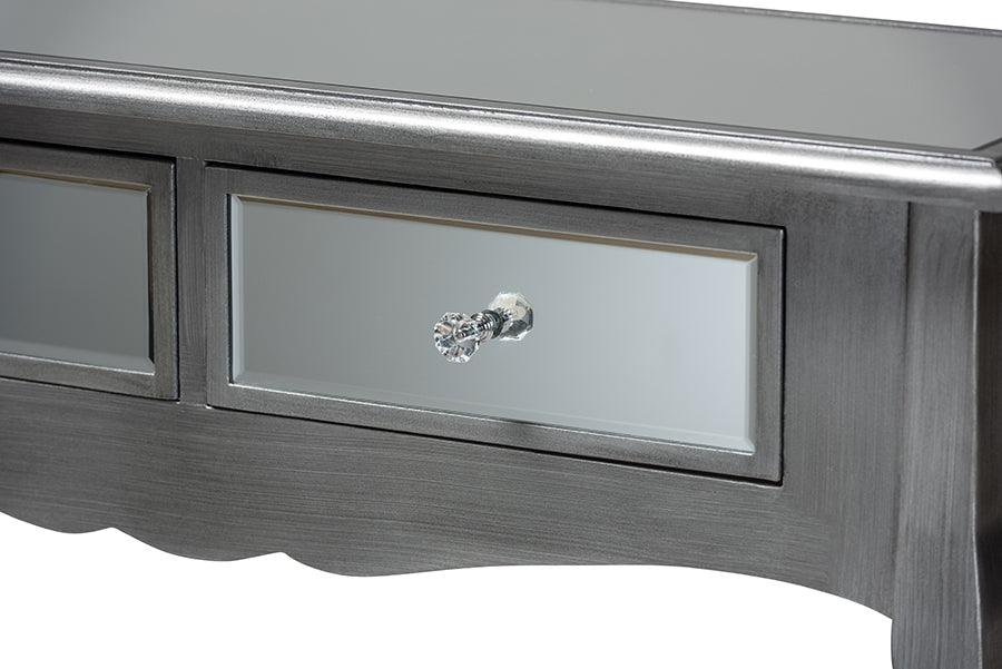 Wholesale Interiors Consoles - Leonie French Brushed Silver Finished Wood And Mirrored Glass 2-Drawer Console Table