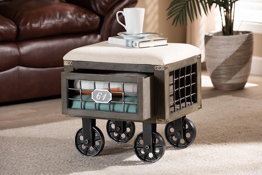 Wholesale Interiors Ottomans & Stools - Harley Transitional Beige Fabric and Black Metal 1-Drawer Wheeled Storage Ottoman