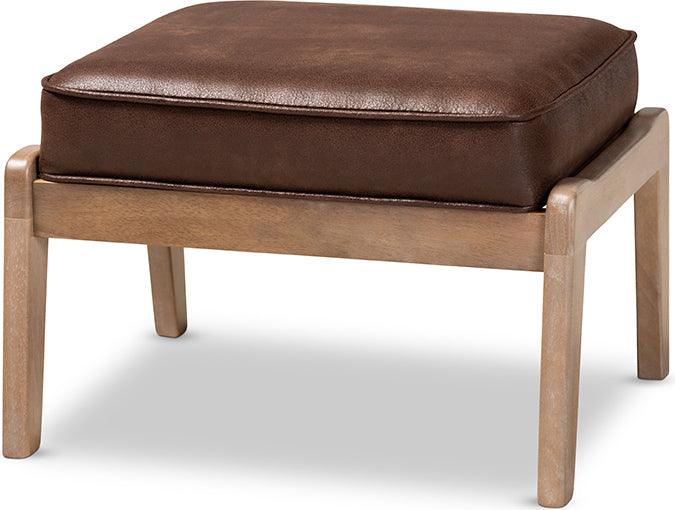 Wholesale Interiors Living Room Sets - Sigrid Brown Faux Leather Fabric Upholstered Antique Oak 2-Piece Wood Armchair And Ottoman Set
