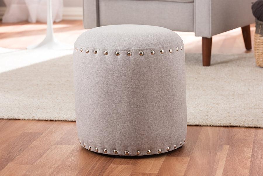 Wholesale Interiors Ottomans & Stools - Rosine Modern And Contemporary Light Grey Fabric Upholstered Nail Trim Ottoman