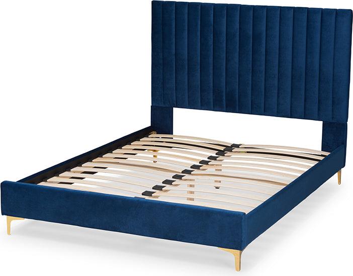 Wholesale Interiors Beds - Serrano Glam and Luxe Navy Blue Velvet Fabric Upholstered and Gold Metal King Size Platform Bed