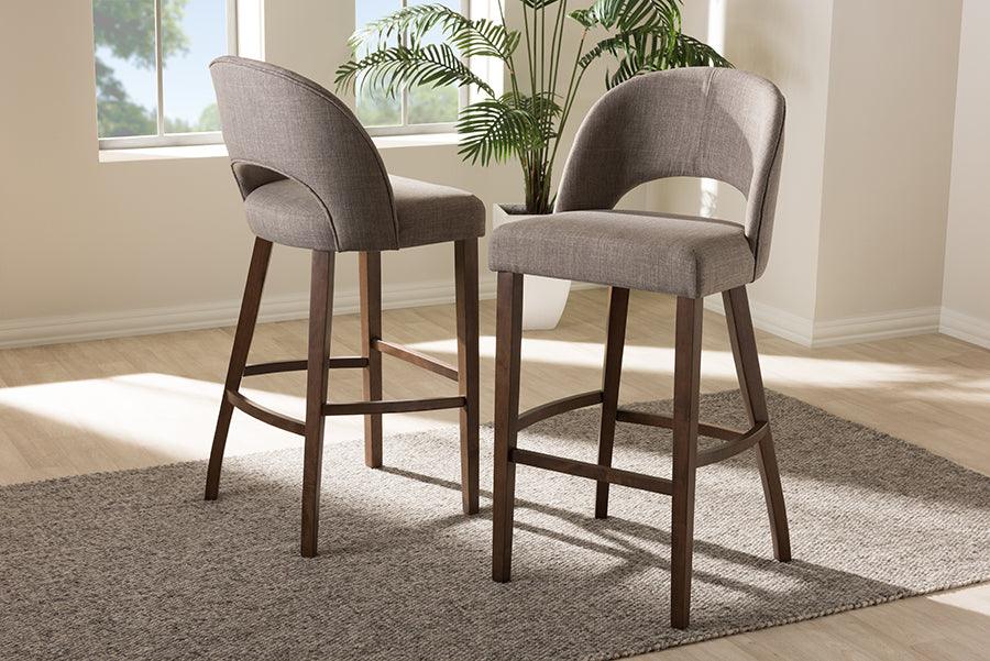 Wholesale Interiors Barstools - Melrose Mid-Century Modern Grey Fabric Upholstered Walnut Wood Bar Stool (Set of 2)