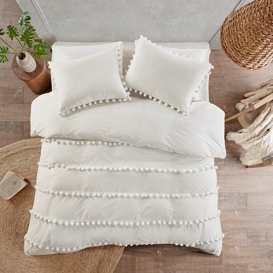 Olliix.com Duvet & Duvet Sets - 3 Piece Pom Pom Cotton Duvet Cover Set Ivory Full/Queen