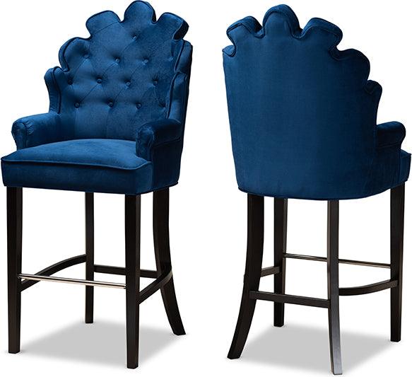 Wholesale Interiors Barstools - Chloe Navy Blue Velvet Upholstered and Dark Brown Finished Wood 2-Piece Bar Stool Set