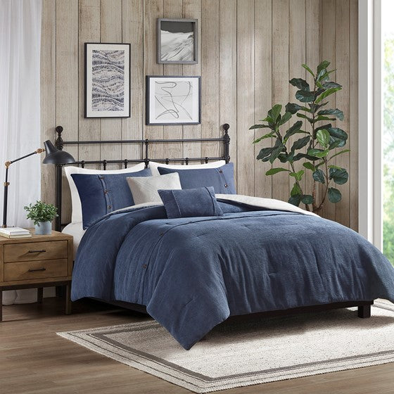 Olliix.com Comforters & Blankets - 5 Piece Corduroy Comforter Set Navy Cal King