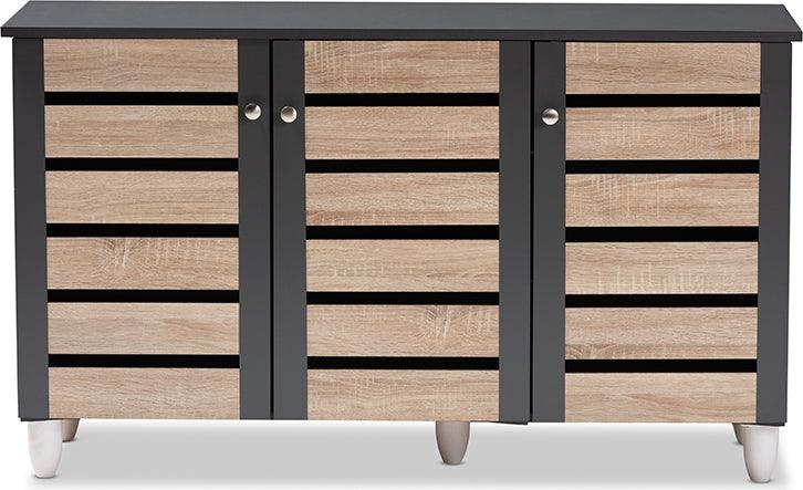 Wholesale Interiors Shoe Storage - Gisela Modern and Contemporary Two-Tone Oak and Dark Gray 3-Door Shoe Storage Cabinet