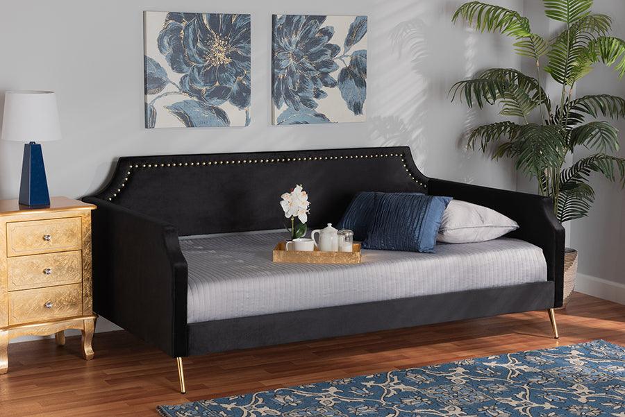 Wholesale Interiors Daybeds - Pita Traditional Glam and Luxe Black Velvet and Gold Metal Twin Size Daybed