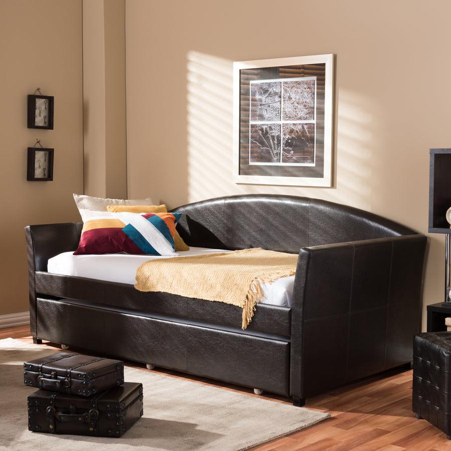 Wholesale Interiors Daybeds - London Brown Arched Back Sofa Twin Daybed with Roll-Out Trundle Guest Bed