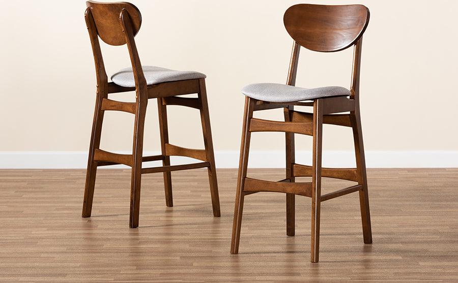 Wholesale Interiors Barstools - Katya Grey Fabric Upholstered and Walnut Brown Finished Wood 2-Piece Bar Stool Set