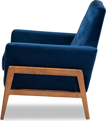 Wholesale Interiors Accent Chairs - Perris Navy Blue Velvet Fabric Upholstered and Walnut Brown Finished Wood Lounge Chair
