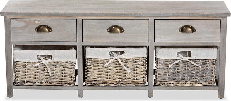 Wholesale Interiors Benches - Mabyn Contemporary Light Grey Wood 3-Drawer Storage Bench with Baskets