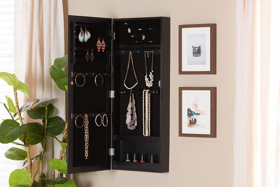 Wholesale Interiors Cabinets & Wardrobes - Pontus Modern and Contemporary Black Wood Wall-Mountable Jewelry Armoire with Mirror