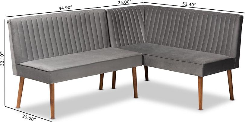 Wholesale Interiors Benches - Alvis Grey Velvet Upholstered and Walnut Brown Finished Wood 2-Piece Dining Nook Banquette Set