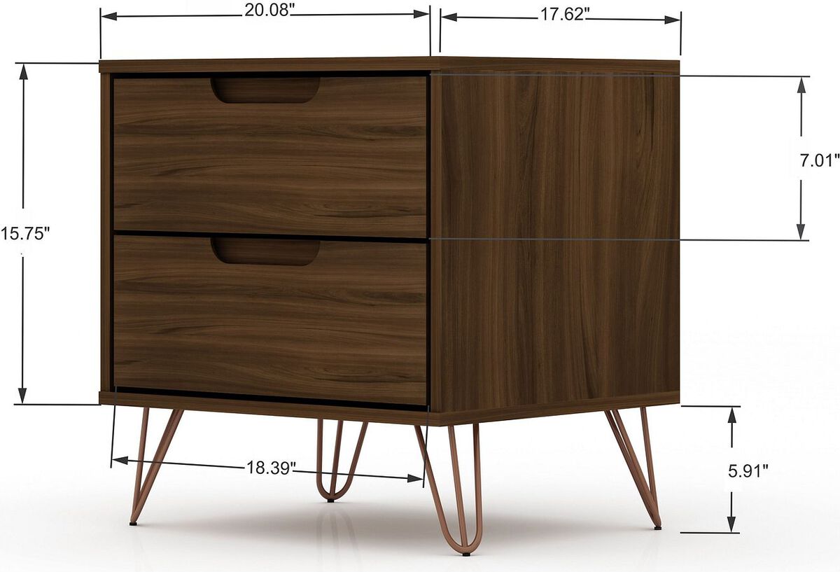 Manhattan Comfort Nightstands & Side Tables - Rockefeller 2.0 Mid-Century- Modern Nightstand with 2-Drawer in Brown