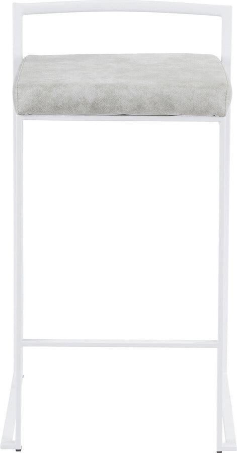 Lumisource Barstools - Fuji Stackable Counter Stool in White with Light Grey Cowboy Fabric Cushion - Set of 2