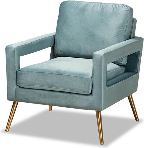 Wholesale Interiors Accent Chairs - Leland Glam and Luxe Light Blue Velvet Fabric Upholstered and Gold Finished Armchair