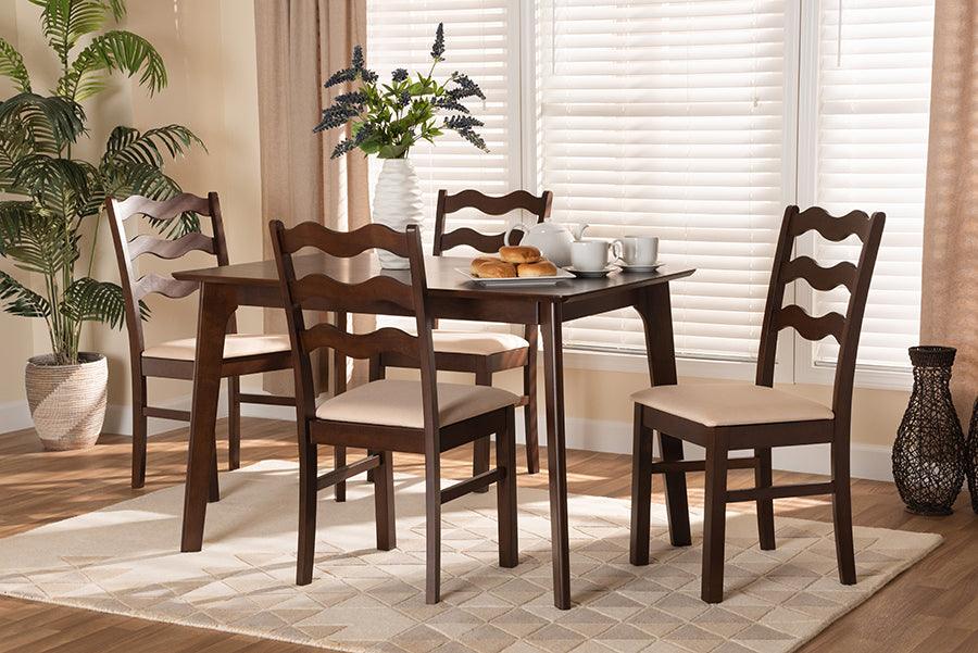 Wholesale Interiors Dining Sets - Amara Mid-Century Modern Cream Fabric and Dark Brown Finished Wood 5-Piece Dining Set