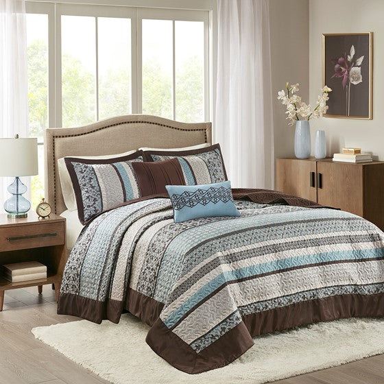 Olliix.com Coverlet - 5 Piece Reversible Jacquard Bedspread Set Blue King