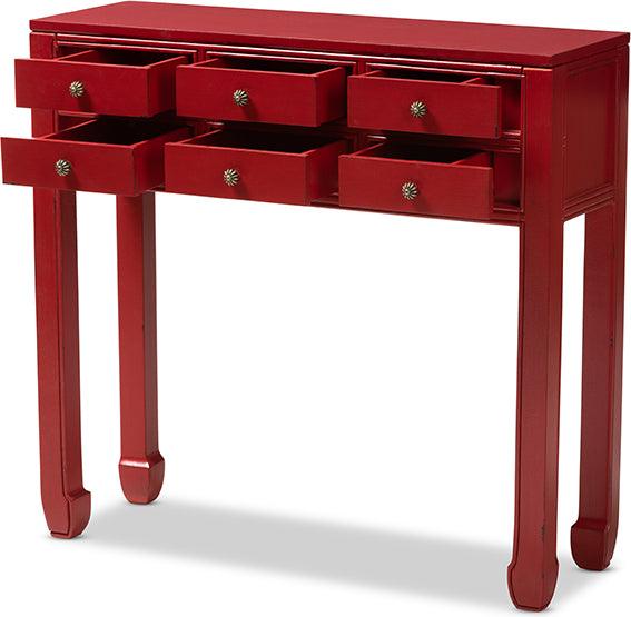 Wholesale Interiors Consoles - Pomme Antique Red Finished Wood Bronze Finished Accents 6-Drawer Console Table