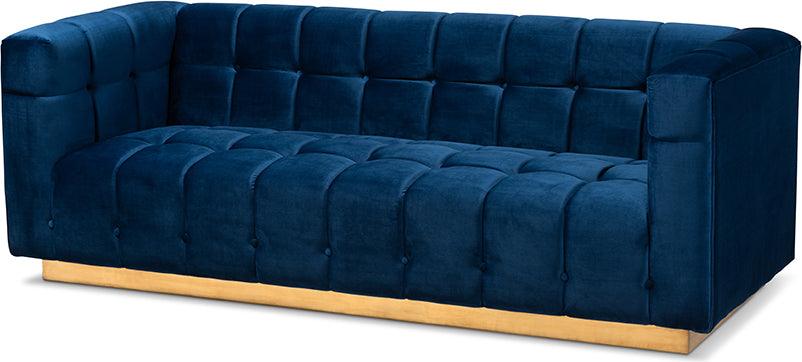Wholesale Interiors Sofas & Couches - Loreto Glam and Luxe Navy Blue Velvet Fabric Upholstered Brushed Gold Finished Sofa