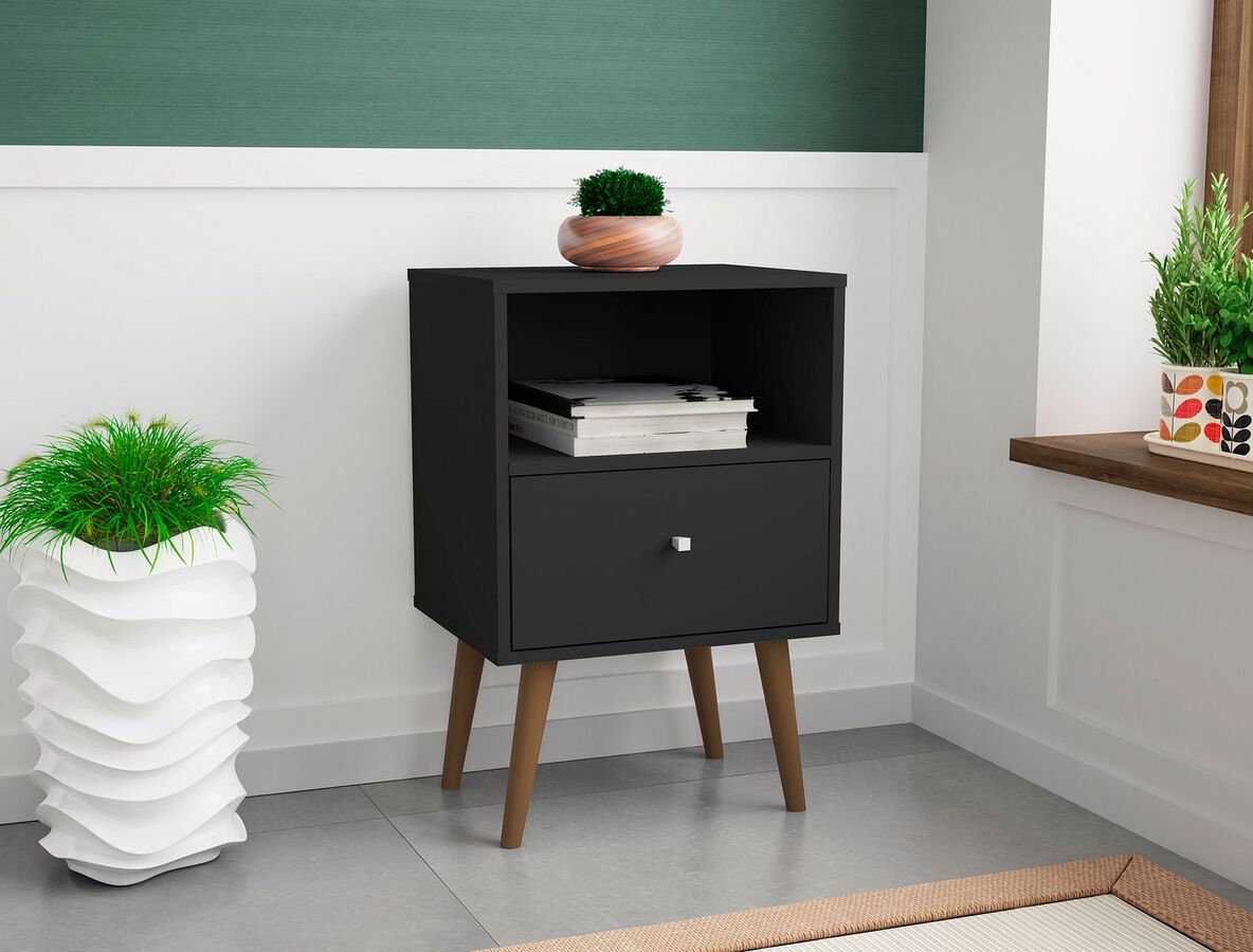Manhattan Comfort Nightstands & Side Tables - Liberty Mid-Century - Modern Nightstand 1.0 with 1 Cubby Space & 1 Drawer in Black