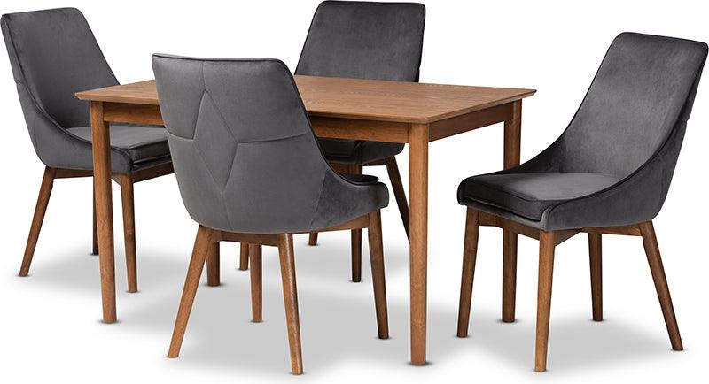 Wholesale Interiors Dining Sets - Gilmore Modern and Contemporary Grey Velvet and Walnut Brown Wood 5-Piece Dining Set