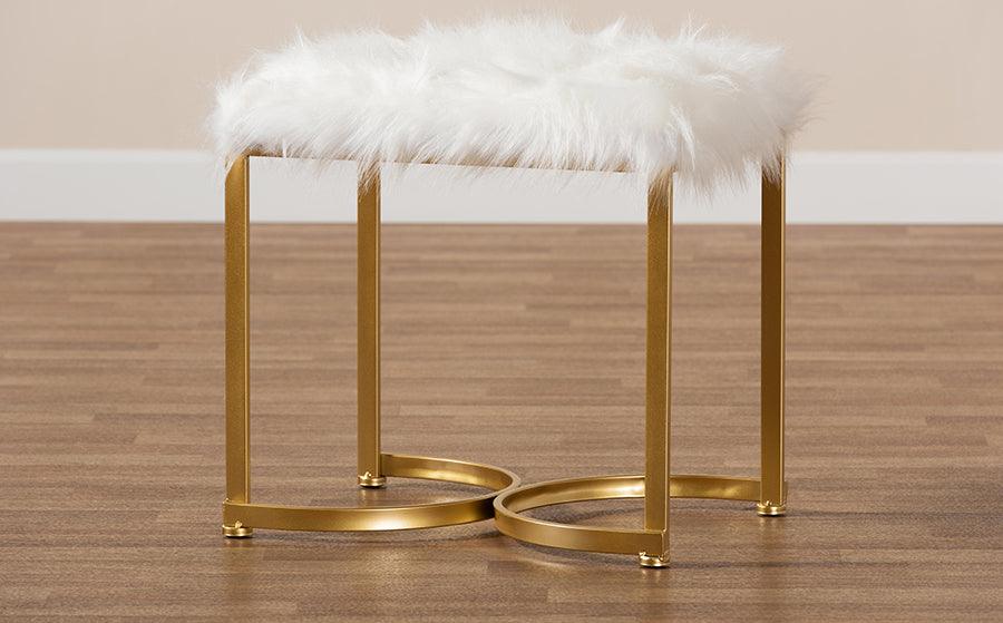 Wholesale Interiors Ottomans & Stools - Gwyn Glam and Luxe White Faux Fur Upholstered and Gold Finished Metal Ottoman