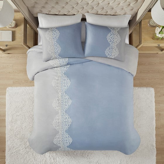 Olliix.com Duvet & Duvet Sets - 3 Piece Embroidered Microfiber Duvet Cover Set Blue Cal King