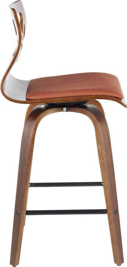 Lumisource Barstools - Folia Mid-Century Modern Counter Stool in Walnut Wood and Orange Fabric - Set of 2