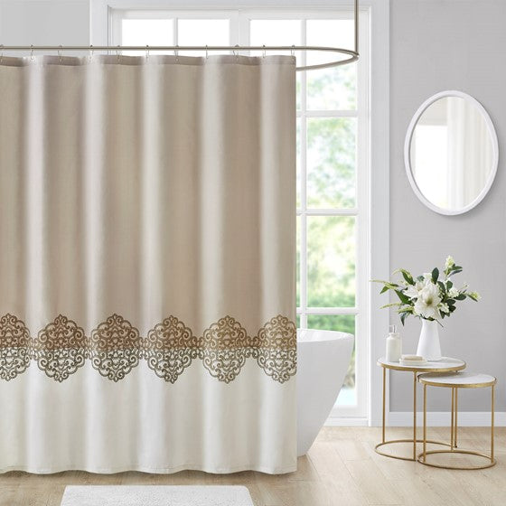 Olliix.com Shower Curtains - Pieced and Embroidered Shower Curtain Tan