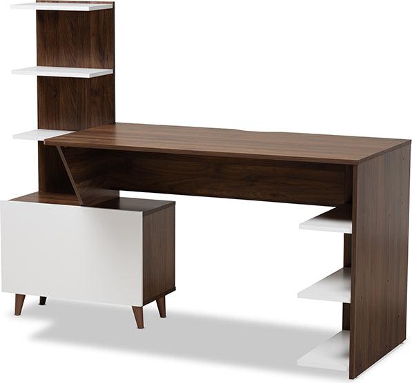 Wholesale Interiors Desks - Tobias Mid-Century Modern White and Brown Finished Wood Storage Desk with Shelves